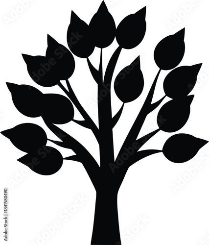 A sturdy black silhouette of a small tree with distinct leaves offers a fundamental element for botanical designs