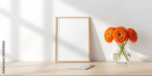 White background with blank photo frame and vibrant orange gerbera flowers in vase, ideal for layout backgrounds