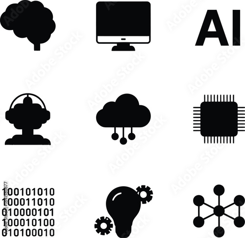Vector icon set featuring brain, AI chip, robot, cloud, binary code, lightbulb, and network nodes representing artificial intelligence.