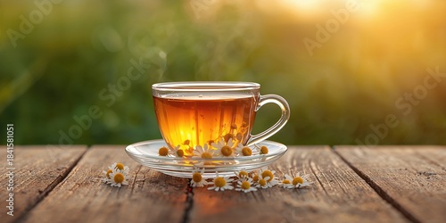 A cup of fragrant chamomile tea bathed in sunset light, ideal for calming relaxation, World Health Day