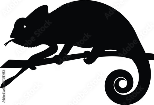 Active Chameleon Silhouette Extending Tongue While Perched on Branch