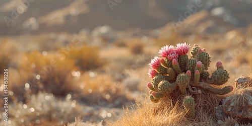 Cactus with vibrant blooms in arid landscape, highlighting drought-tolerant plants, Earth Day