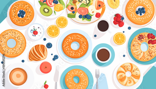 A vibrant top-down view of a delicious breakfast spread featuring various bagels, fresh fruits, yogurt, and coffee on a white table.