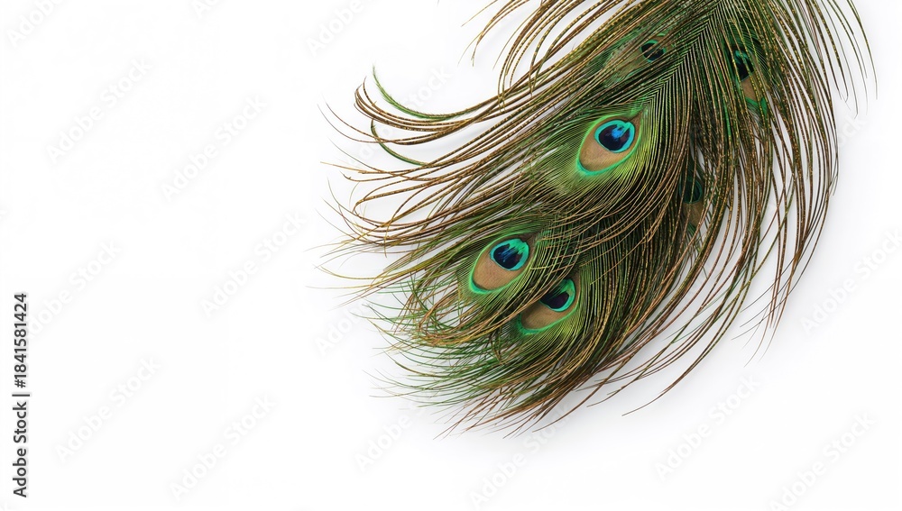 Obraz premium Peacock feathers with vibrant eye spots laid out on a plain white backdrop, showcasing natural beauty