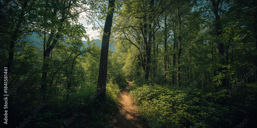 Obraz premium Forest trail in Romania with a confined path amid dense greenery, highlighting conservation efforts