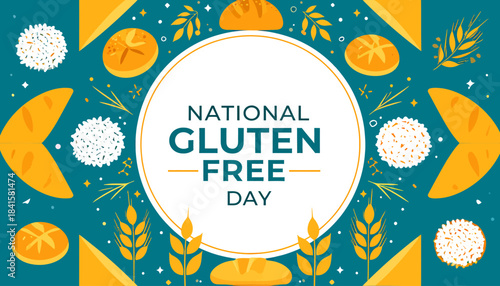 A graphic celebrating National Gluten Free Day with various food items like bread, grains, and wheat stalks on a teal background.