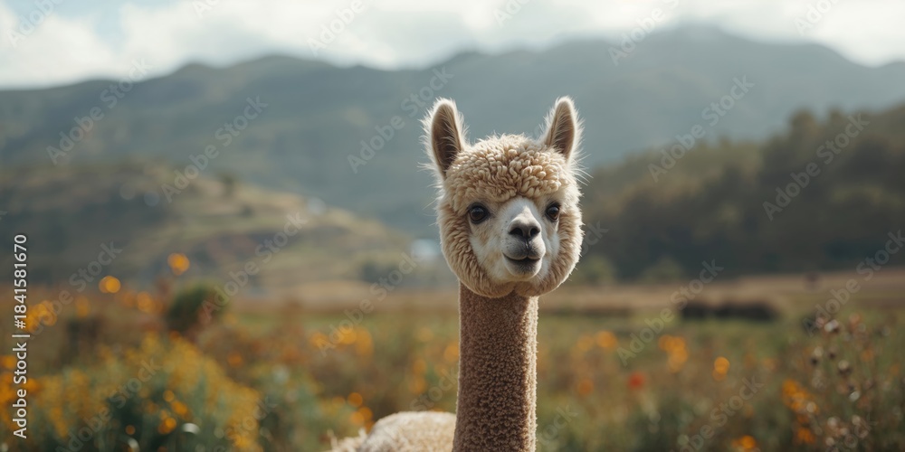 Obraz premium Alpaca resting on mountain terrain, natural fiber harvest