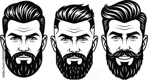 Bearded Men Hairstyle Portrait Set Illustration