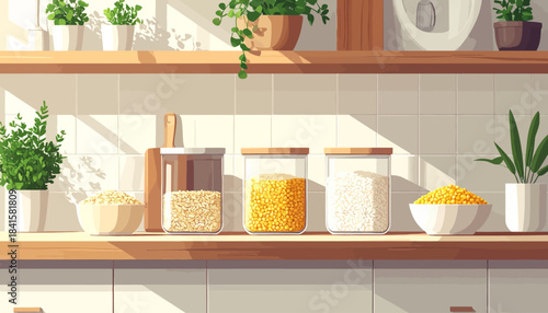 Brightly lit kitchen shelves showcasing jars of grains and fresh green plants bathed in sunlight, creating a warm and inviting atmosphere
