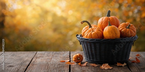 Fototapeta Naklejka Na Ścianę i Meble -  Colorful pumpkins arranged in a black basket for Halloween celebration, seasonal decor