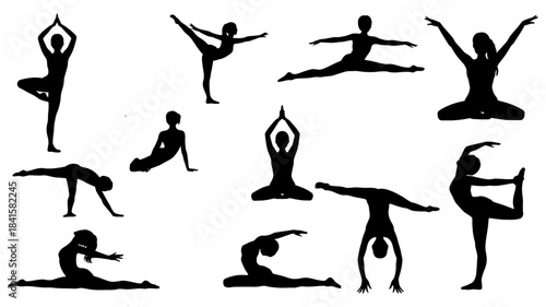 Various yoga poses silhouettes collection for fitness, exercise, and healthy lifestyle.