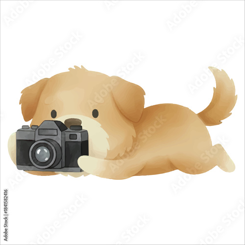 Cute watercolor dog taking a photo with camera vector on white background
