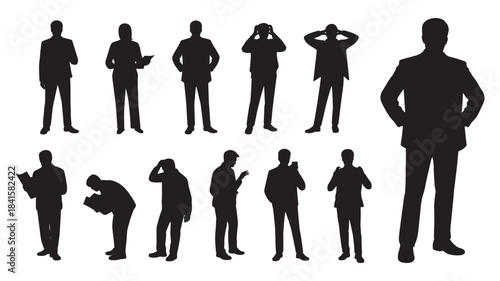 Diverse silhouettes of men in various poses representing different actions and emotions