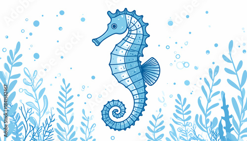 A charming blue seahorse illustration with intricate details, surrounded by delicate aquatic plants and bubbles, set against a light background.