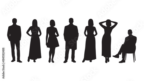 A diverse group of people silhouettes in various poses including standing and sitting