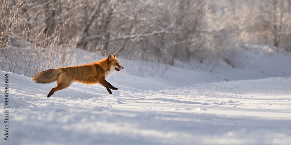 Naklejka premium Jumping red fox in European habitat, agility and wildlife activity