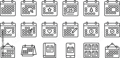 Extensive black and white calendar line icons set for business planning, appointment scheduling, event reminders, time management, and holiday notification interface