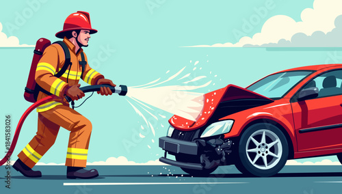 Firefighter spraying crashed car with crushed front end on open road under bright sky, emergency response concept