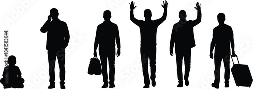 Black Silhouette Men Vector Set Including Casual Traveler with Suitcase, Cellphone Talker, and Sitting Child for Communication and Travel Design