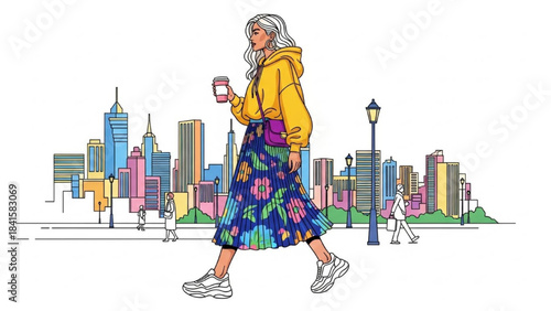 Artboard 1High-quality black outline colorful art of a woman in a fashionable street-style dress holding a coffee cup while walking in the city