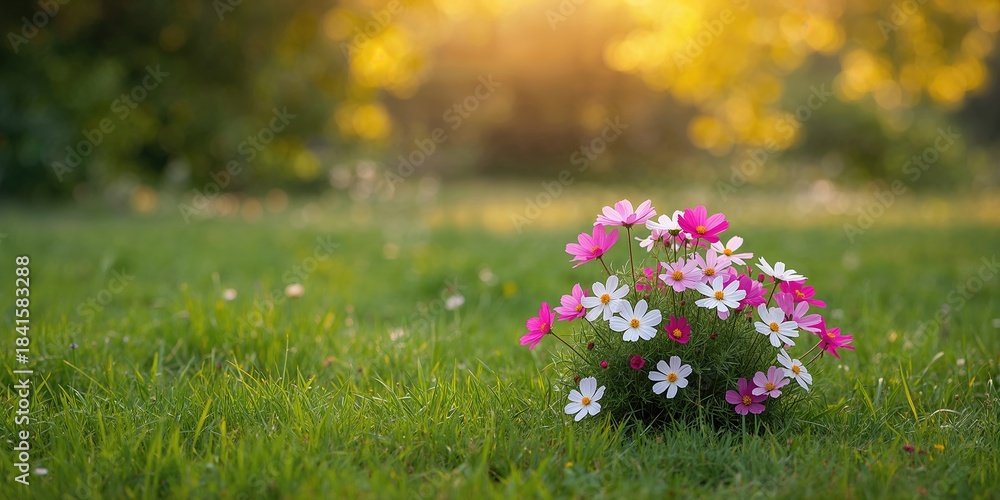 Fototapeta premium Cosmos flowers in full bloom in a garden during summer, serving as a vibrant floral backdrop