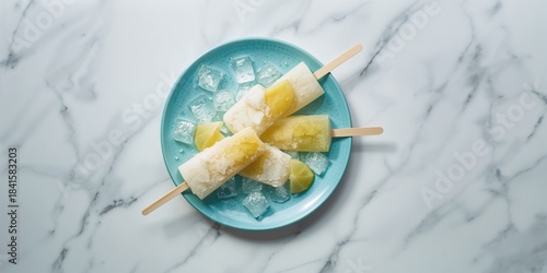 Frozen coconut popsicles served on a blue plate, emphasizing cold dessert presentation for hot weather
