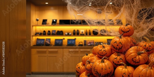 Festive pumpkins in the foreground, Halloween sale at an electronics store, seasonal decoration emphasis