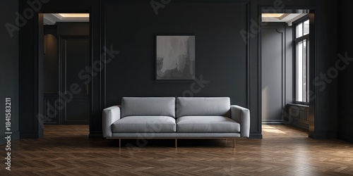 Gray sofa in a modern living room with dark walls serving as a background for interior design layout
