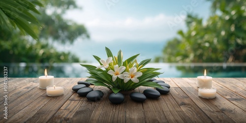 Decorative display featuring flowers, candles, and rocks arranged for aesthetic purposes, ideal for interior design
