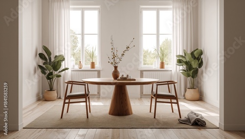 Light-filled Scandinavian dining area with wooden furniture and large windows, suitable for editorial header backgrounds