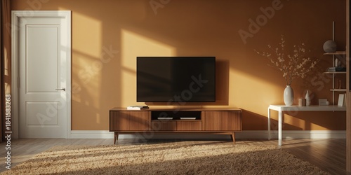 Modern TV setup on a white surface with storage shelves in a room with beige walls, interior layout