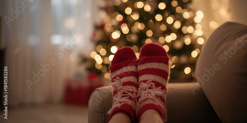 Feet in fluffy socks with selective focus, cozy footwear comfort