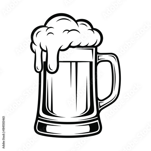 A black and white illustration of a beer mug with foam on top