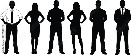 Collection of business men and women silhouettes in confident standing poses on white background representing professionalism, leadership, corporate identity, teamwork, and modern design