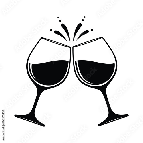 Two wine glasses clinking together with liquid splash for wedding or celebration