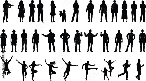 Collection of diverse human silhouettes in standing, walking, dancing, and action poses on white background representing lifestyle, activity, expression, and modern design