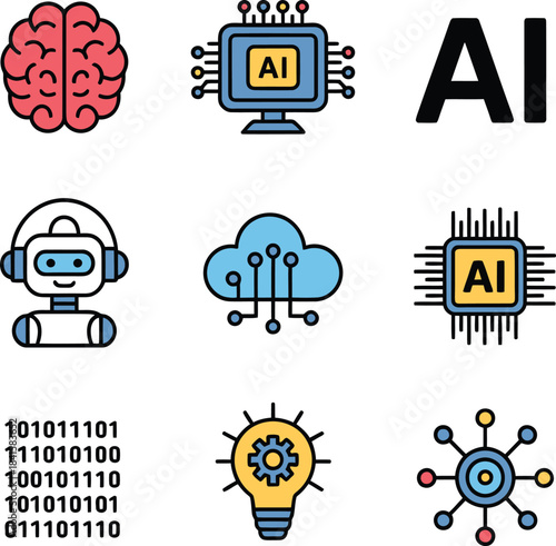 Vector icon set featuring brain, AI chip, robot, cloud, binary code, and network nodes representing artificial intelligence technology.
