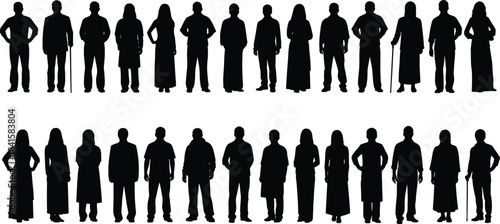Collection of diverse men and women silhouettes standing in various poses on white background representing culture, identity, lifestyle, community, tradition, modern design concepts