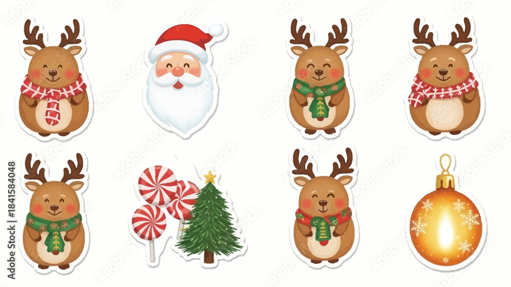 Fototapeta premium Christmas Holiday Stickers Set Featuring Reindeer Santa Claus Candy Canes Christmas Tree and Ornament.