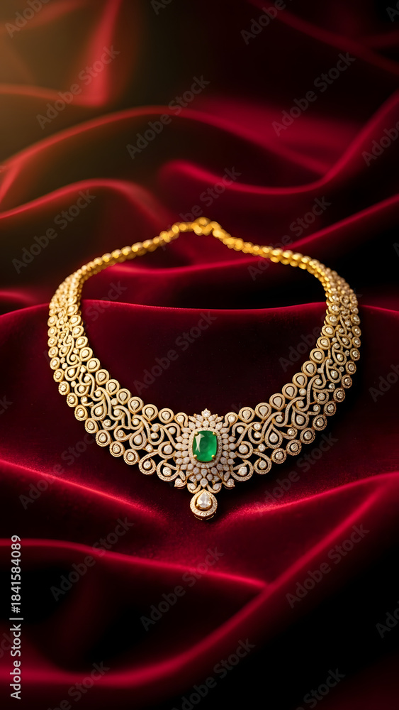 Obraz premium Exquisite diamond and emerald necklace displayed elegantly on rich red velvet fabric, showcasing intricate craftsmanship and luxurious design.