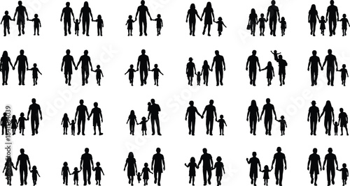 Collection of family silhouettes walking together, parents holding children’s hands, representing unity, parenting, childhood, togetherness, love, support, and family lifestyle