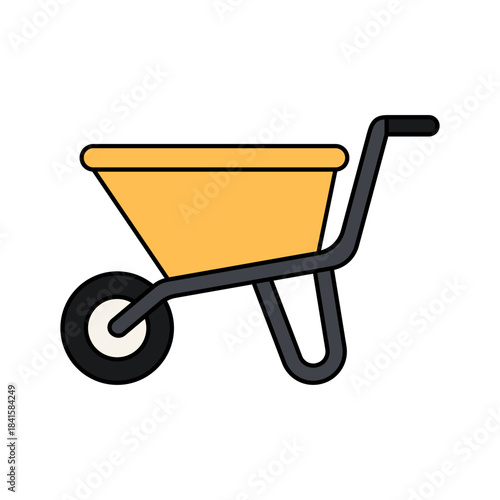 Wheelbarrow Flat design style load carrier symbolizing construction labor ideal for building site illustrations and work graphics.