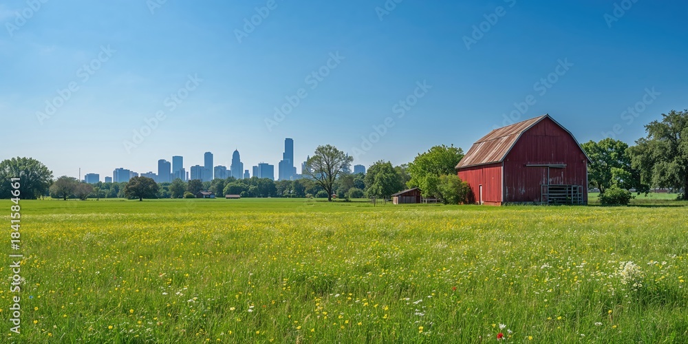 Fototapeta premium Urban landscape with green fields and buildings under a summer sky, suitable for background or layout use