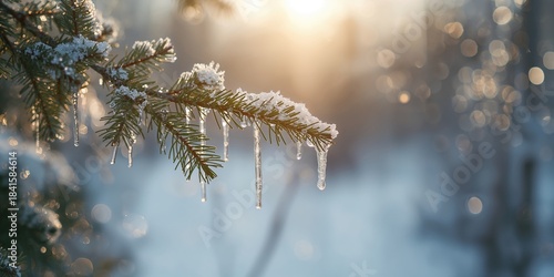 Evergreen branch with melting ice crystals, highlighting seasonal transition and natural resilience, Earth Day
