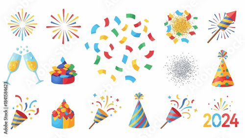 Vibrant collection of festive celebration elements for New Years Eve and party fun.