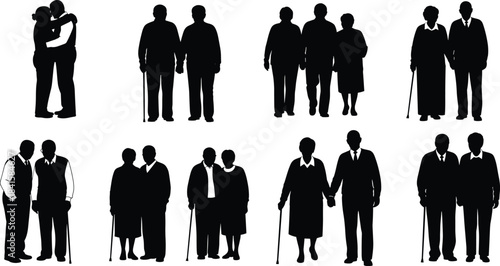 Collection of elderly and senior couples in various poses, showing love, companionship, and support, black vector silhouette set for family and aging concepts.