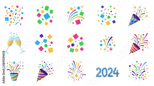 Vibrant collection of festive celebration elements including confetti and fireworks.
