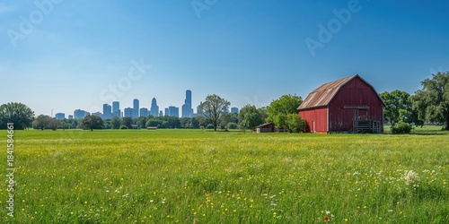 Fototapeta Naklejka Na Ścianę i Meble -  Urban landscape with green fields and buildings under a summer sky, suitable for background or layout use