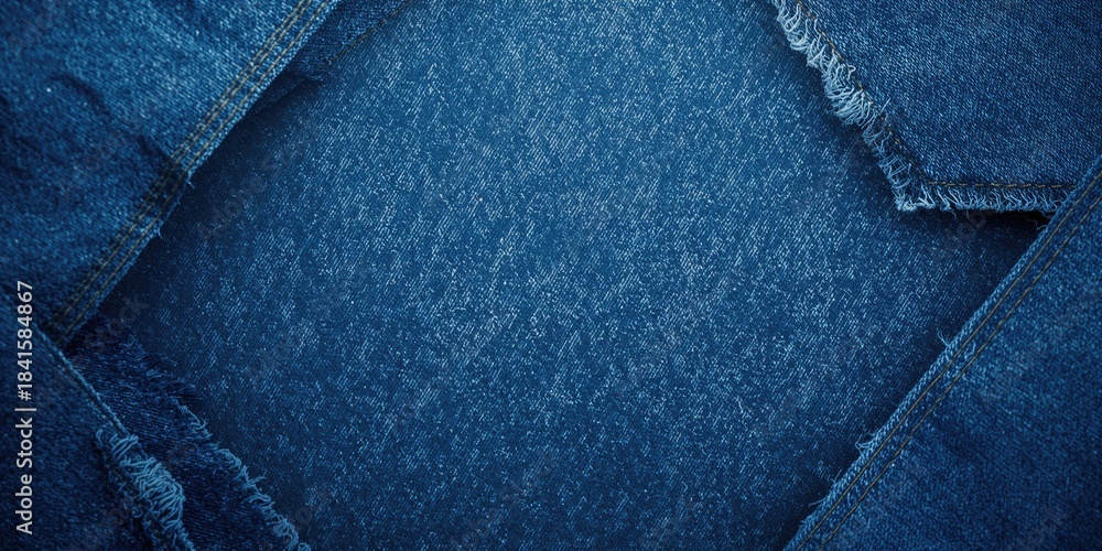 Naklejka premium Blue denim textile featuring stone-wash finish serving as a backdrop for apparel layout, fabric detail focus