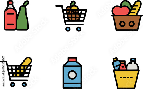 Colorful Grocery Shopping Icons with Various Food and Drink Items